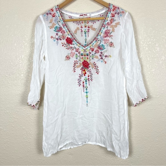 Johnny Was Floral Embroidered Tunic Blouse White Boho Peasant Cottagecore Sheer - Picture 1 of 12